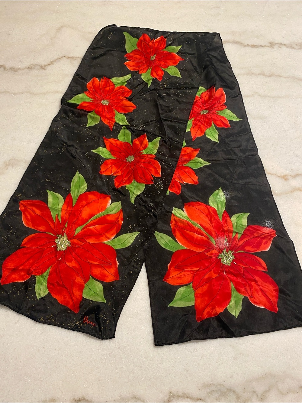 Vena Black Scarf with Red Poinsettia Print